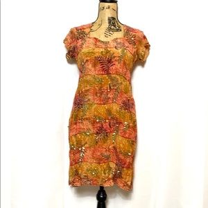 Vintage Boho Red Orange Sequin Leaf Print Dress M
